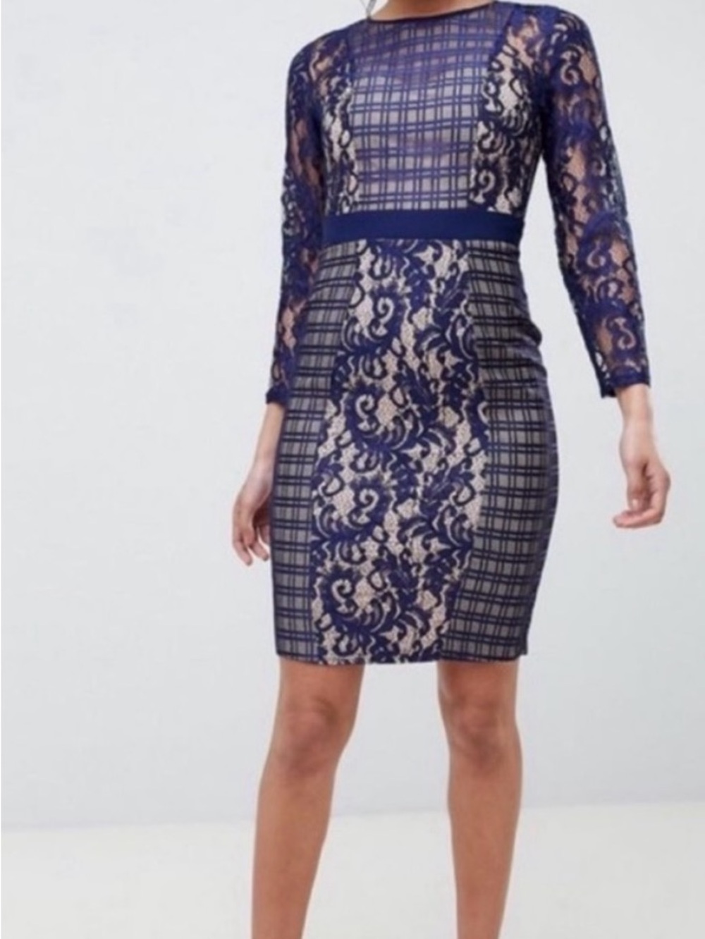 Little Mistress Navy and Beige Lace Dress
